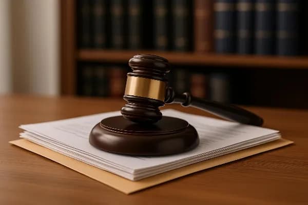 A gavel rests on top of a stack of legal documents, symbolizing the judicial process involved in divorce and inheritance cases. The background features a blurred image of law books, emphasizing the complexity and depth of legal knowledge required to navig