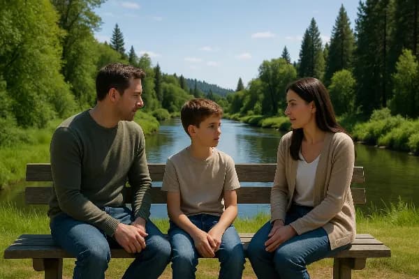 An image of a serene Oregon landscape, featuring a peaceful river flowing through lush greenery and tall trees under a clear blue sky. In the foreground, two parents are seated on a park bench with their child between them. They are engaged in conversatio