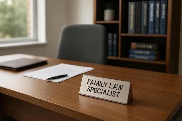 An image of a family law attorney's office in Oregon. The office is modern and professional, with a large wooden desk and comfortable seating for clients. On the desk, there are neatly organized legal documents and a nameplate reading "Family Law Speciali