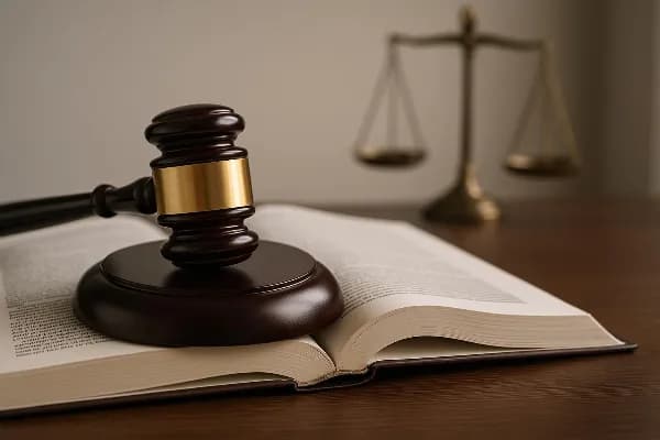 Image of a gavel resting on an open legal book, symbolizing the legal aspects of divorce proceedings in Oregon. The gavel represents the authority and rulings involved in family law cases, while the open book signifies the importance of understanding spec