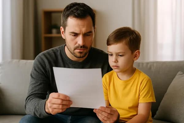 An image of a father and his young child sitting together on a couch, with the father holding a legal document. The father appears to be in his 30s, wearing casual clothing, and the child is around five years old, wearing a bright t-shirt. They are both l
