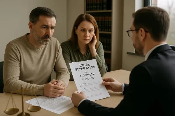 An image of a couple sitting at a table in a lawyer's office, looking contemplative and holding legal documents. The lawyer, seated opposite them, is explaining the differences between legal separation and divorce in Oregon, gesturing towards a brochure w