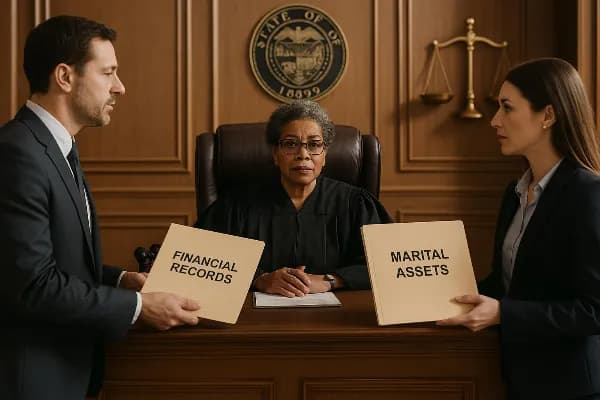 A courtroom scene in Oregon, with a judge seated behind a wooden bench, engaging with two attorneys representing opposing spouses in a divorce proceeding. The attorneys are presenting evidence folders labeled "Financial Records" and "Marital Assets," high