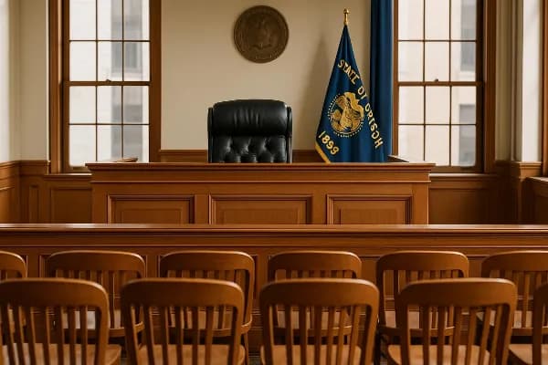 An image of a solemn courtroom setting, featuring a judge's bench and rows of empty wooden chairs. The Oregon state flag is displayed prominently in the background, symbolizing the jurisdiction where marriage annulment laws are applied. The room is well-l