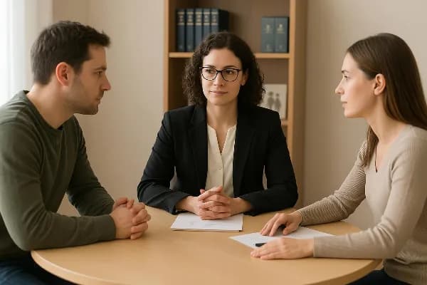 An illustration depicting a calm and neutral setting for mediation in an Oregon divorce proceeding. The image shows a round table with two parents sitting on opposite sides, discussing amicably. A mediator, identifiable by their professional attire and at