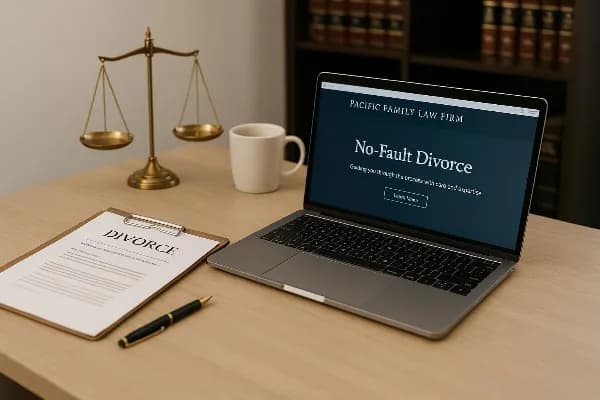 An image of a calm and professional office setting at Pacific Family Law Firm, featuring a neatly organized desk with legal documents, a laptop displaying the firm's website, and a bookshelf filled with law books in the background. The scene is softly lit