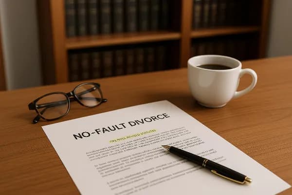 An image of a calm, neutral-toned legal office setting. The focus is on a wooden desk with neatly arranged legal documents, including a highlighted section of the Oregon Revised Statutes. A pair of reading glasses rests beside a cup of coffee, suggesting
