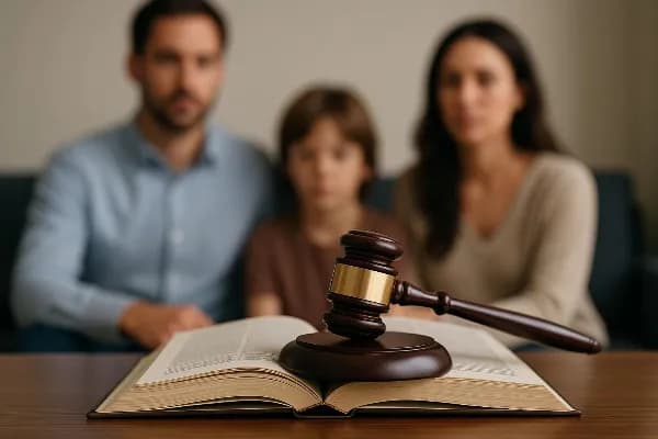 A gavel rests on top of an open law book, symbolizing the legal authority and decision-making involved in Oregon child custody cases. In the background, a blurred image of a family can be seen, representing the emotional and familial aspects considered by