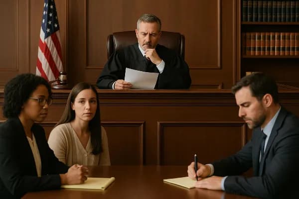 An image depicting a thoughtful judge in a courtroom setting, reviewing documents related to child custody. The background shows a traditional wooden judge's bench with legal books neatly arranged on shelves. In the foreground, two parents are seated at s
