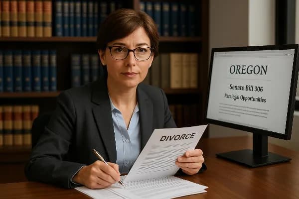 An image of a professional-looking office setting featuring a confident paralegal sitting at a desk. The paralegal, a middle-aged woman with short brown hair and glasses, is reviewing legal documents related to divorce proceedings. She is dressed in busin