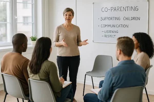 An image of a diverse group of parents sitting in a classroom setting, attentively listening to an instructor at the front. The instructor, a middle-aged woman with short hair, stands beside a whiteboard displaying key points about co-parenting strategies