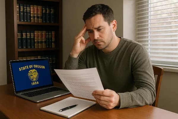 An illustration of a concerned parent reading a legal document at a desk. The setting is a modest home office with shelves of law books in the background. A laptop displaying the Oregon state flag is open on the desk, alongside a notepad and pen. Sunlight