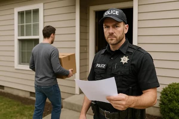Image of a serious-looking law enforcement officer in uniform standing beside a family home, holding a document. The officer is accompanied by an individual who appears to be retrieving personal items from the house, watched closely by the officer. This s