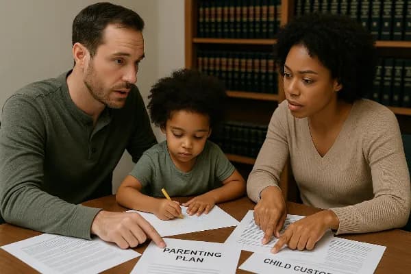 An image of a diverse family sitting around a table, engaged in a discussion. The table is cluttered with papers, some labeled “Parenting Plan” and “Child Custody.” The parents, a man and a woman, are attentively listening to each other while pointing at