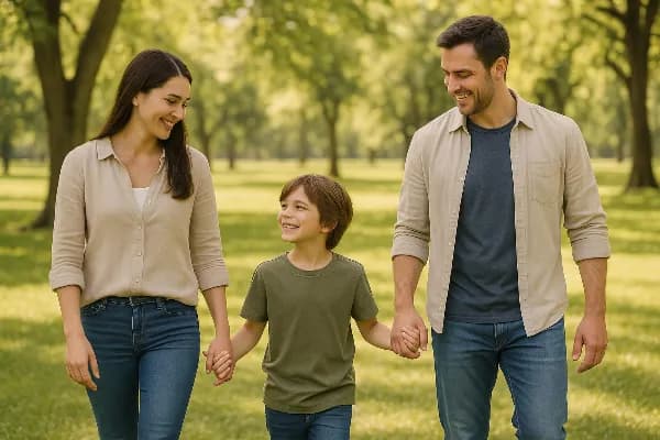 Image shows a peaceful scene of a young child, around six years old, holding hands with both parents as they walk together through a sunlit park. The mother is on the left, smiling down at the child, while the father is on the right, also looking lovingly