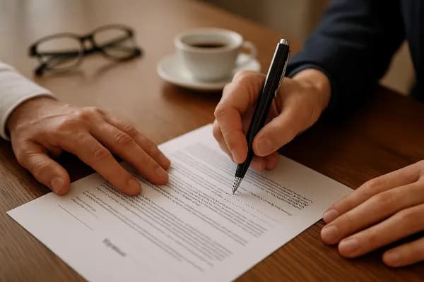 A close-up image of two hands signing a legal document on a wooden desk. One hand holds a pen poised over the paper, while the other rests beside it, suggesting collaboration and agreement. A pair of reading glasses and a cup of coffee are visible in the