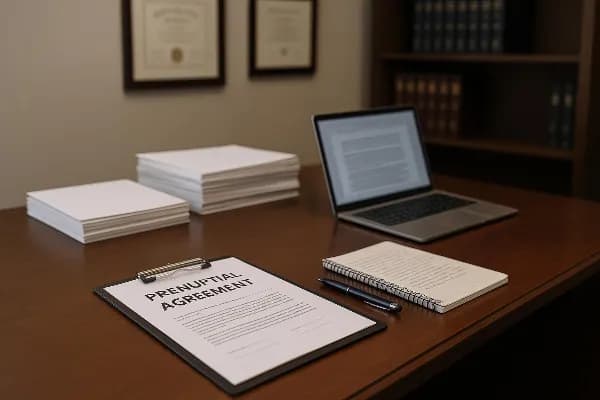 An image of a professional attorney's office, featuring a sleek wooden desk with organized stacks of legal documents related to prenuptial agreements. A laptop displaying legal research is open beside a notepad filled with handwritten notes. In the backgr