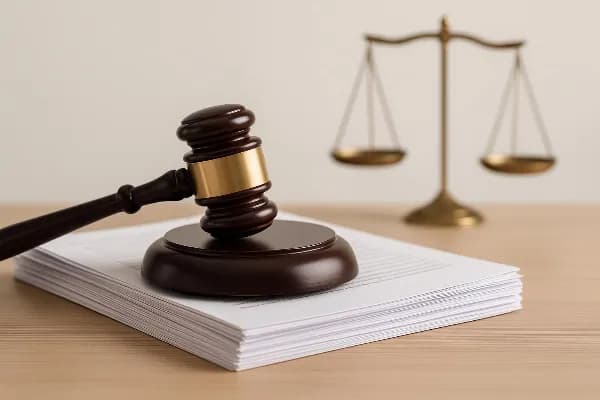 An image of a judge's gavel resting on top of a stack of legal documents, symbolizing the legal process involved in property division during divorce proceedings. In the background, there is a partially blurred scale of justice, representing the concept of