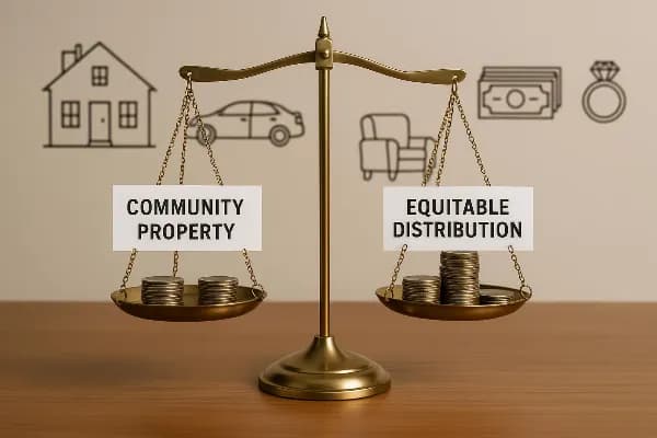 An image depicting a balanced scale with two sections: one labeled "Community Property" and the other labeled "Equitable Distribution." The Community Property side shows an equal division of coins, symbolizing equal asset division. The Equitable Distribut