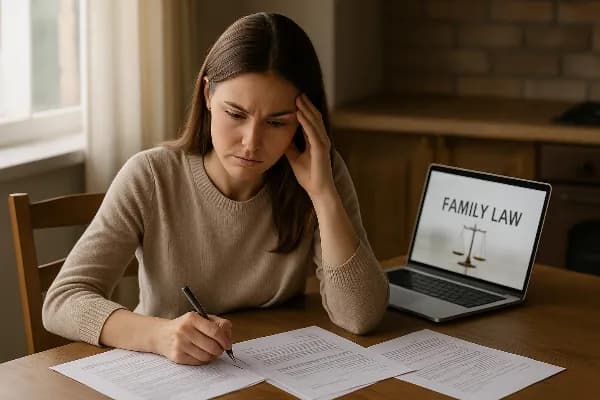 An image of a solemn woman sitting at a kitchen table, surrounded by legal documents. She appears deep in thought, with a pen in hand and a laptop open to a family law website. Sunlight filters through the window, casting soft shadows across the room. The