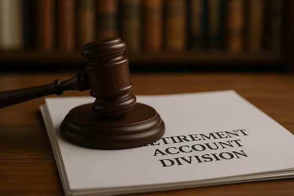 An image of a gavel resting on top of a stack of papers with the words "Retirement Account Division" visible. In the background, there is a blurred-out legal library filled with books, symbolizing the legal complexities involved in dividing retirement acc