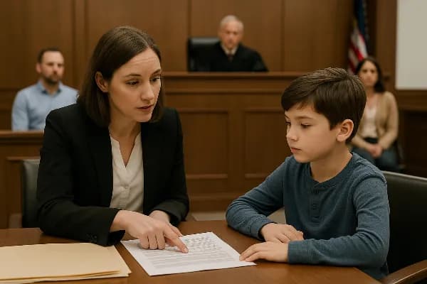 An image of a courtroom scene in Oregon, focusing on a family law case. In the foreground, a child attorney is seated at a table with legal documents, engaging attentively with a young child who appears to be around 10 years old. The attorney is pointing