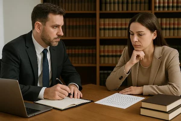 A man and woman sit across from each other at a wooden table, appearing to be in a serious discussion. The man, wearing a suit and tie, is holding a pen over an open notebook filled with legal documents. The woman, dressed in business attire, looks though