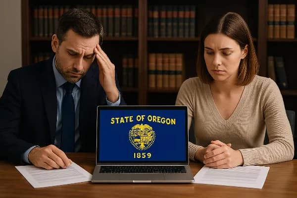 An image of a solemn couple sitting at a wooden table, each looking down at a stack of legal documents. The man is wearing a dark suit, and the woman is dressed in business casual attire. Between them sits an open laptop displaying the Oregon state flag o