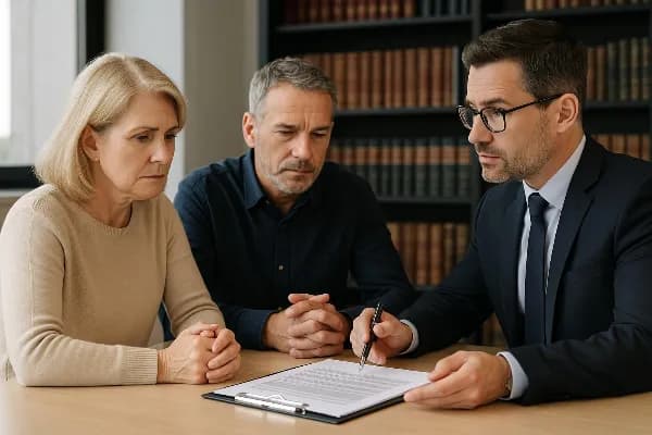 An image depicting a thoughtful middle-aged couple sitting at a table in a modern office setting, engaged in discussion with a professional-looking attorney. The attorney, wearing glasses and holding a pen, gestures toward an open document on the table. T