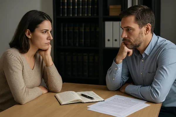 An image of a couple sitting across from each other at a wooden table in a law office, both appearing thoughtful and engaged in conversation. On the table lies an open notebook, a pen, and several legal documents related to spousal support. In the backgro