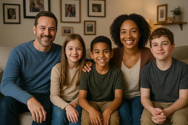 A family photo depicting a diverse group of individuals, including two adults and three children, gathered in a warmly lit living room. The adults are smiling and seated on a comfortable couch, with one adult gently resting an arm around the shoulders of