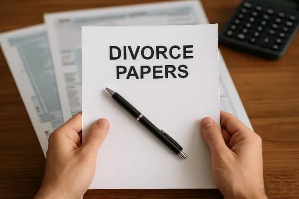 A close-up image of a pair of hands holding a document titled "Divorce Papers" with a pen resting on top. The background features a blurred view of tax forms and a calculator, symbolizing the intersection of divorce and tax considerations. The scene is se