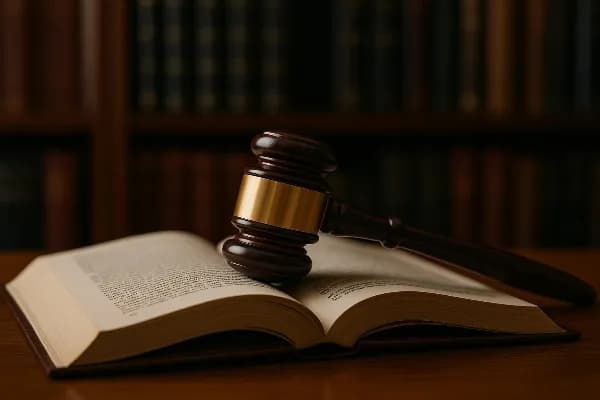 An image showing a close-up of a gavel resting on an open law book, symbolizing legal proceedings in child custody cases. The background is softly blurred, featuring shelves filled with legal books, emphasizing the context of family law. The lighting high