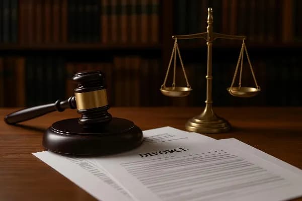 An image depicting a gavel and scales of justice placed on top of legal documents, symbolizing the legal process involved in securing temporary support during an Oregon divorce. The background shows a blurred law library with shelves filled with books, em