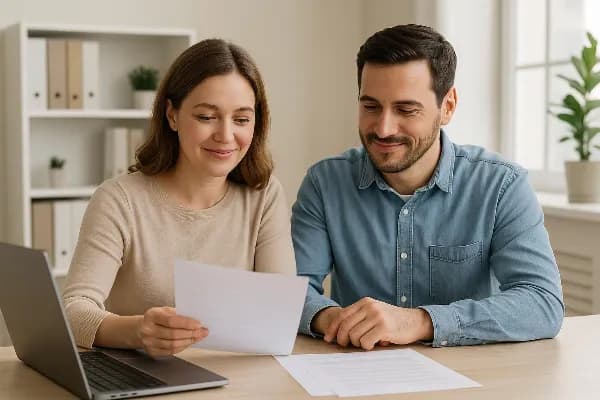A couple sits at a table, both looking content and relaxed as they review documents together. The setting is bright and organized, suggesting a cooperative and peaceful atmosphere. A laptop is open on the table, symbolizing their active engagement in mana