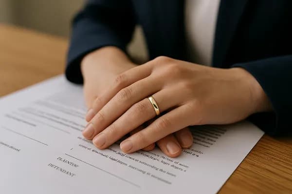 A close-up image of a woman's hand wearing a wedding ring, resting gently on a legal document. The document features visible text and legal jargon, suggesting its relevance to divorce proceedings. The focus is on the ring, symbolizing its significance in