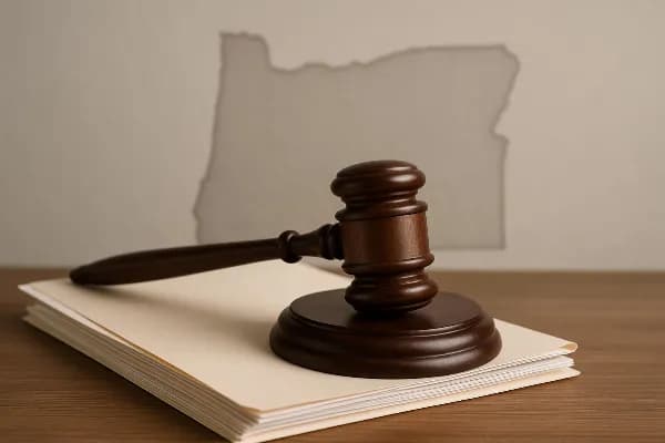 An image of a gavel resting on top of a stack of legal documents, symbolizing the legal aspects of joint custody arrangements in Oregon. The background shows a subtle outline of the state of Oregon, emphasizing the regional focus. The gavel represents the
