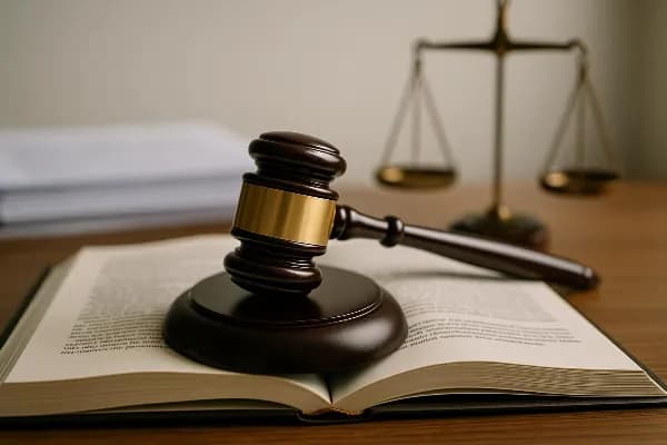 An image of a serious-looking gavel resting on an open law book, symbolizing the authority and enforcement power behind legal decisions in Oregon child custody cases. The background shows blurred legal documents and a scale of justice, emphasizing the imp