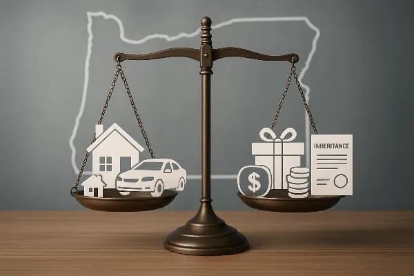 An image illustrating the concept of property division in an Oregon divorce. The scene shows a balanced scale with two sides: one side holds various items representing marital property such as a house, car, and shared bank account symbols; the other side