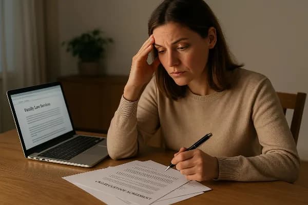 An image of a concerned parent sitting at a table, reviewing legal documents related to child custody and parenting time modifications in Oregon. The parent appears thoughtful, with a pen in hand and papers spread out before them. A laptop is open on the
