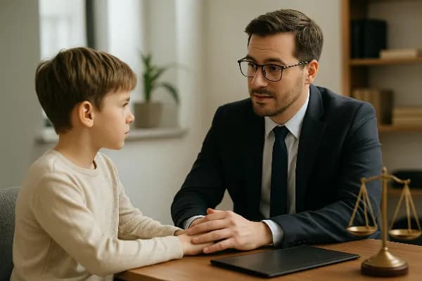 Alt-tag: "Child and attorney discussing in a peaceful environment, symbolizing the support provided by child’s attorneys in Oregon family law cases."