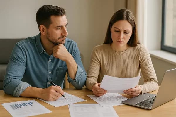 An image of a contemplative couple sitting at a wooden table, surrounded by financial documents and a laptop. The man is holding a pen and looking thoughtfully at the woman, who is reviewing papers with a focused expression. Sunlight filters through a nea