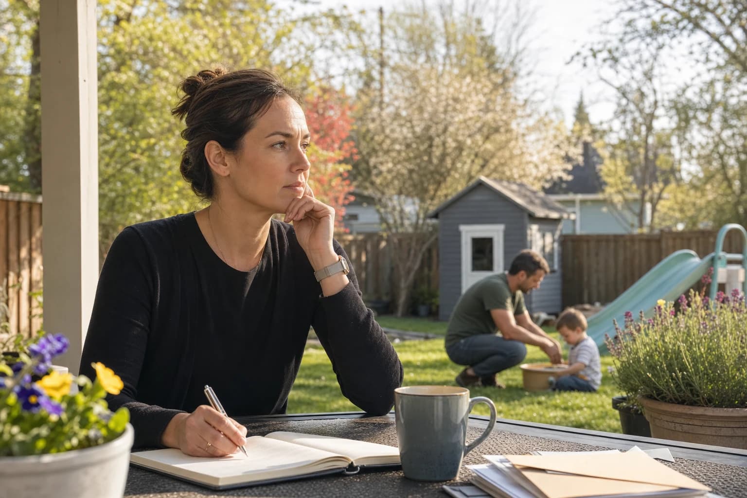 An image depicting a worried couple sitting at a table cluttered with legal documents, calculators, and coffee cups. The woman, holding her head in her hands, looks distressed while the man appears deep in thought as he examines a document. In the backgro