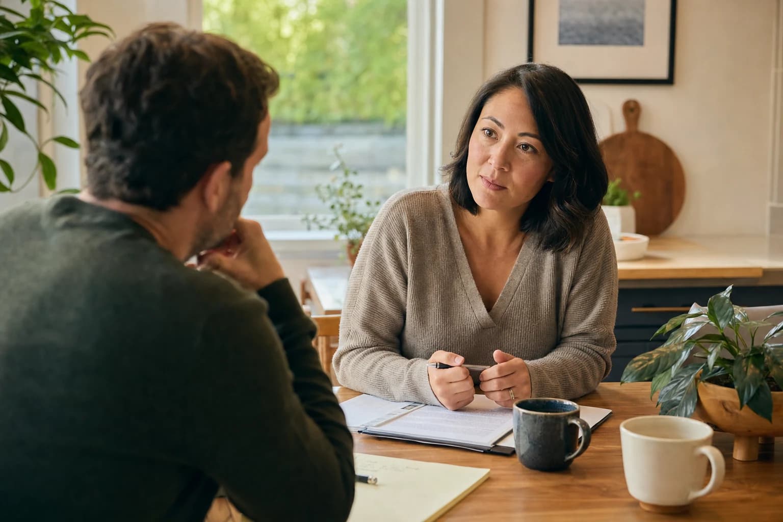An image of an Oregon family law attorney sitting at a desk filled with legal documents. The attorney is engaged in a phone conversation, gesturing thoughtfully as they explain important considerations in an Oregon divorce case. On the desk, there are vis