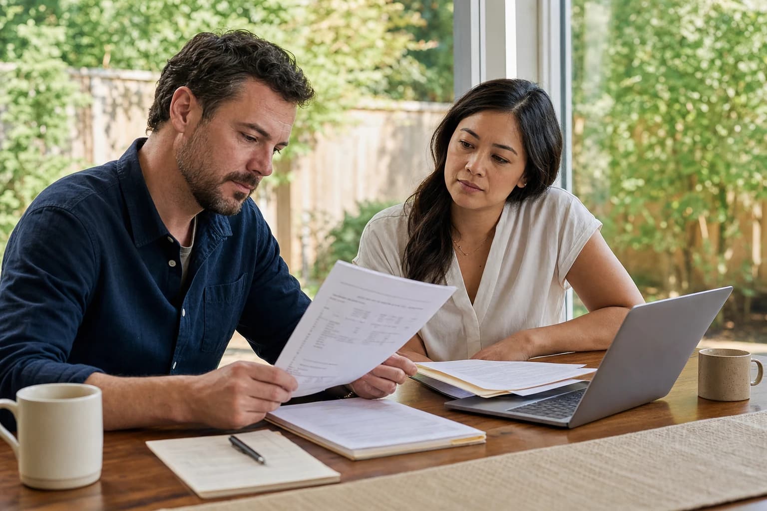 A thoughtful middle-aged couple sits at a dining table, surrounded by paperwork and a laptop. The woman is holding a pen, looking concerned as she reviews documents, while the man rests his chin on his hand, deep in contemplation. A calculator and financi