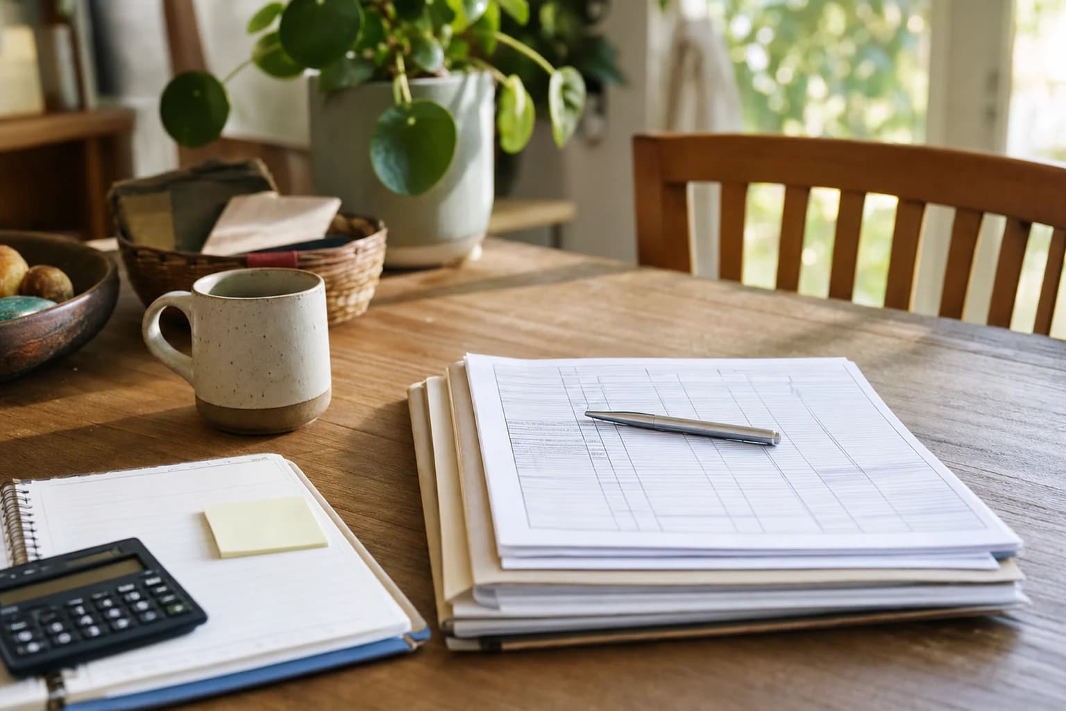 Image shows a worried parent sitting at a kitchen table, surrounded by bills and legal documents. The parent's expression reflects stress and concern, indicating the emotional toll of dealing with child support issues. A calendar on the wall highlights ov