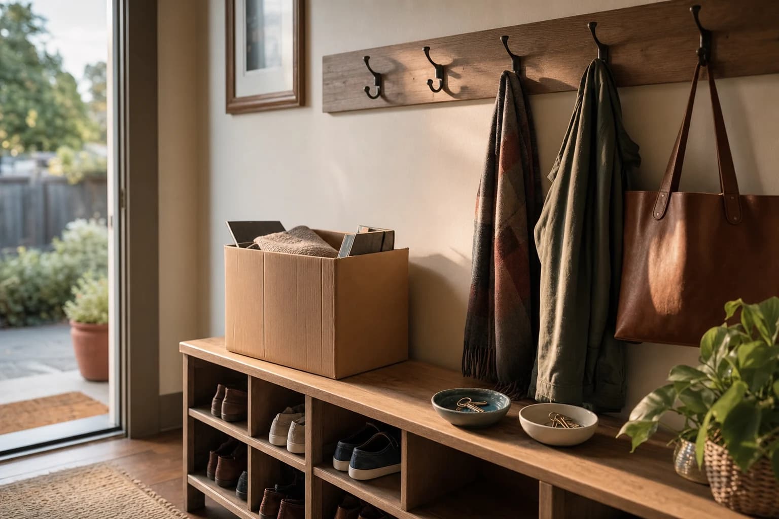 A couple stands in a living room, surrounded by moving boxes. One person looks contemplative, holding a piece of paper that appears to be legal documents, while the other is packing items into a box. The room is sparsely furnished, suggesting they are in