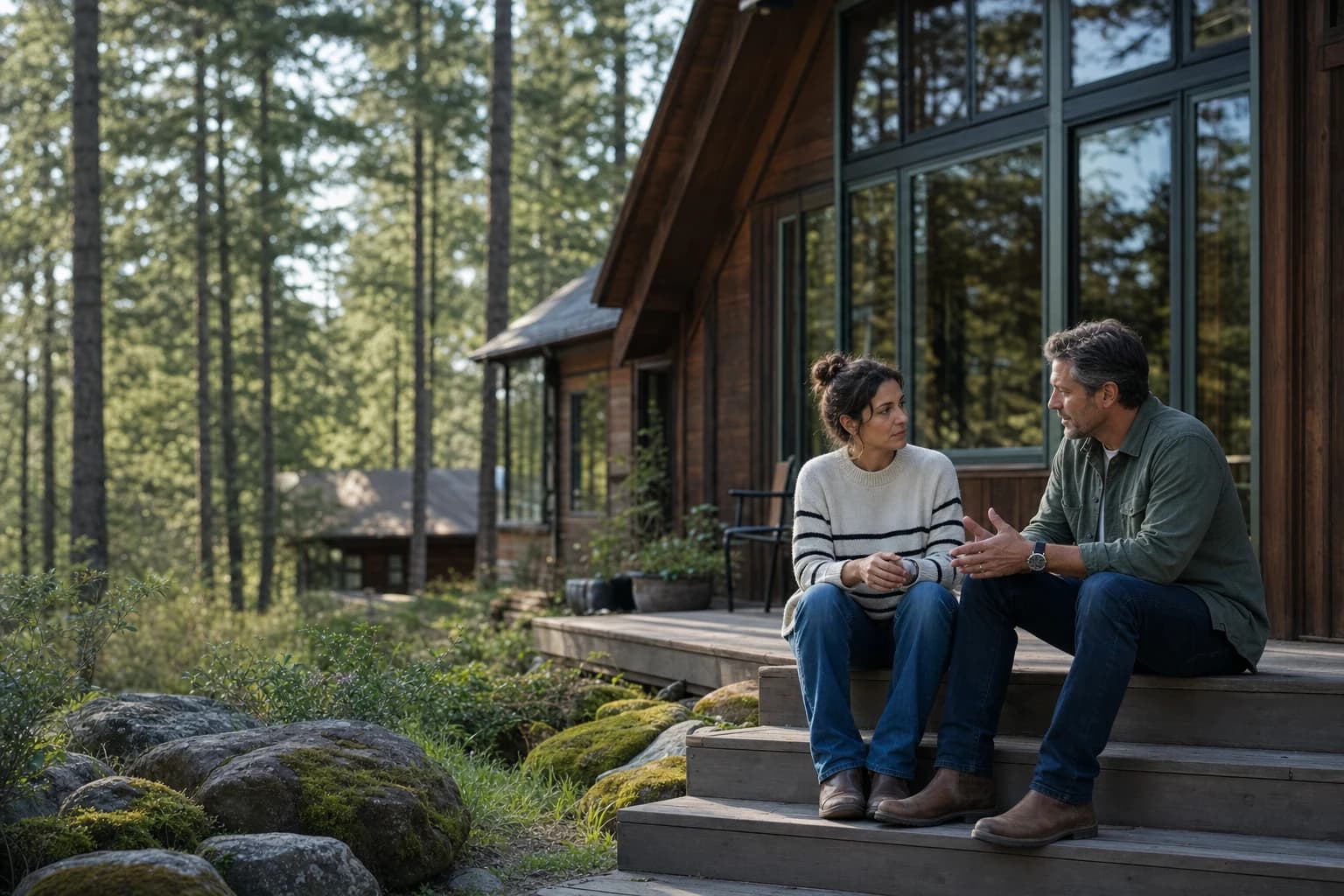 Image of a cozy, rustic cabin nestled in the lush, green woods of Oregon. The cabin, constructed with wooden logs and featuring a small porch, sits beside a tranquil lake reflecting the surrounding tall pine trees. This serene setting highlights the type