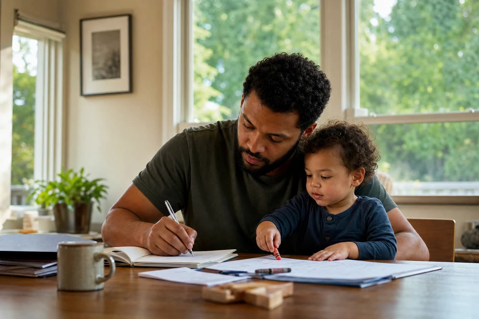 A confident attorney in a well-lit office, wearing professional attire, sits at a desk covered with legal documents and a laptop. The attorney appears focused and engaged, as if discussing important legal matters related to family law. On the wall behind