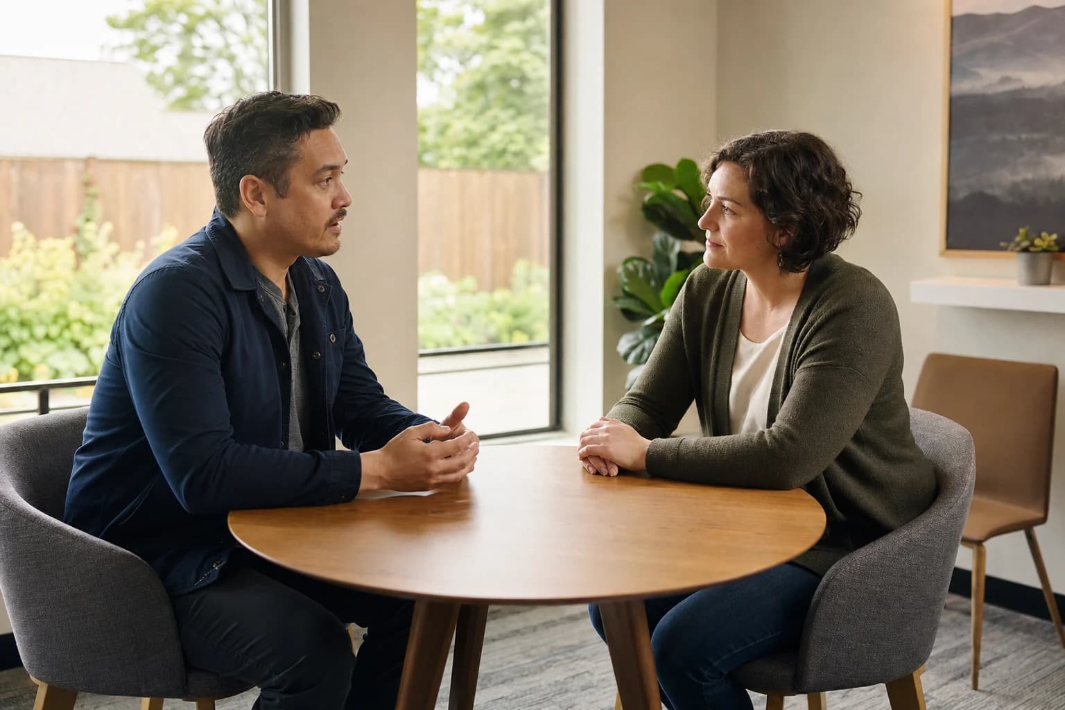 An image showing a couple seated at a table, each holding a pen and reviewing legal documents. The setting suggests a formal yet approachable environment, with the focus on the papers detailing divorce proceedings. In the background, there are shelves fil